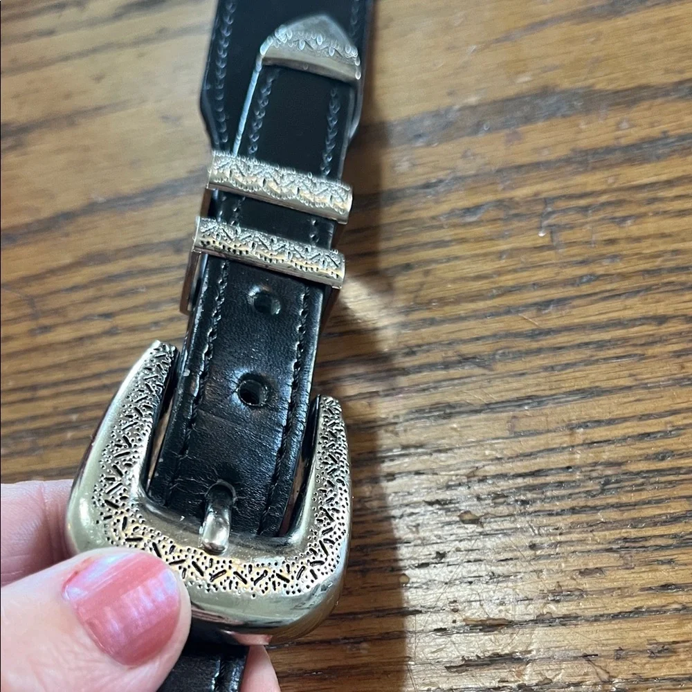 Leather black belt with double buckle silver hardware